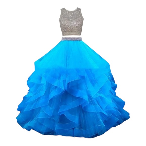 TWO PIECE Mesh Rhinestone Crop Top Prom Dress Full Skirt Blue Sz 12 - Picture 14 of 16
